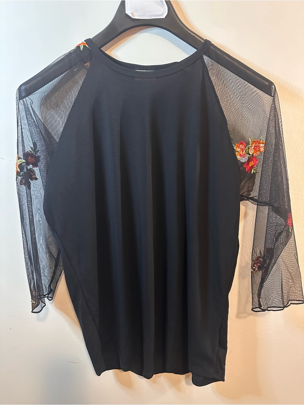 LuLaRoe Black Top with Sheer Floral Mesh Sleeves